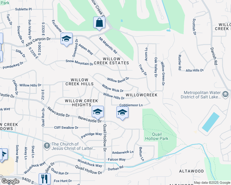 map of restaurants, bars, coffee shops, grocery stores, and more near 2748 Willow Wick Drive in Sandy