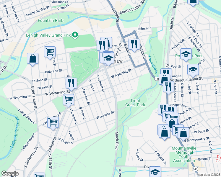map of restaurants, bars, coffee shops, grocery stores, and more near 1102 South 8th Street in Allentown