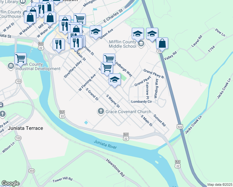 map of restaurants, bars, coffee shops, grocery stores, and more near 614 South Main Street in Lewistown