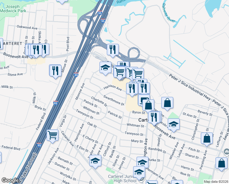 map of restaurants, bars, coffee shops, grocery stores, and more near 41 Harrison Avenue in Carteret