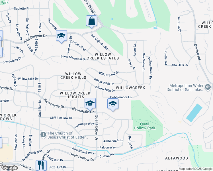 map of restaurants, bars, coffee shops, grocery stores, and more near 2748 Willow Wick Drive in Sandy