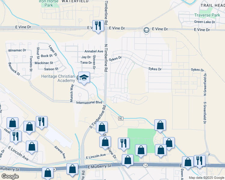 map of restaurants, bars, coffee shops, grocery stores, and more near 315 Skyraider Way in Fort Collins