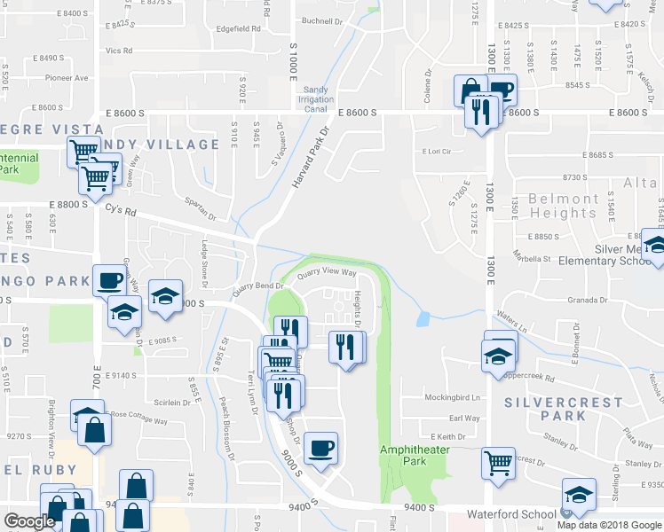 map of restaurants, bars, coffee shops, grocery stores, and more near 1057 Quarry View Way in Sandy