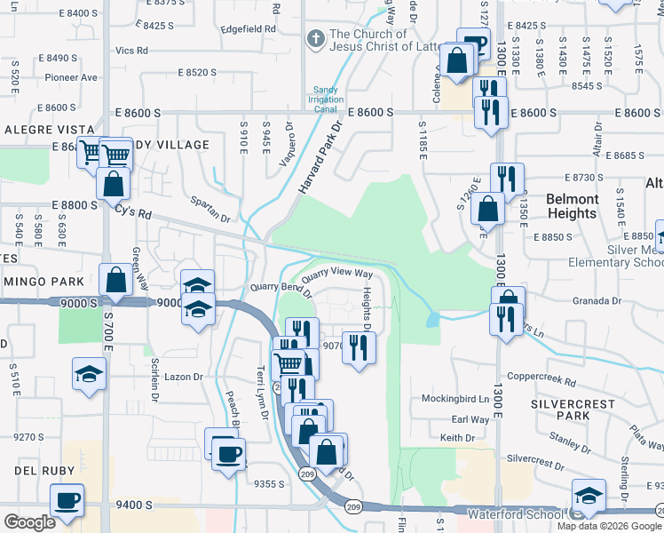 map of restaurants, bars, coffee shops, grocery stores, and more near 1057 Quarry View Way in Sandy