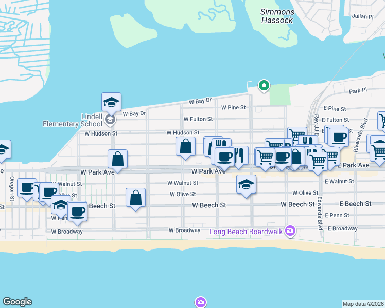 map of restaurants, bars, coffee shops, grocery stores, and more near 338 West Market Street in Long Beach