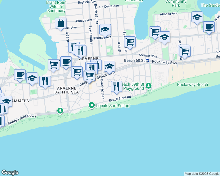 map of restaurants, bars, coffee shops, grocery stores, and more near 6505 Ocean Avenue North in Queens