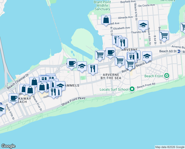 map of restaurants, bars, coffee shops, grocery stores, and more near 252 Beach 77th Street in Queens