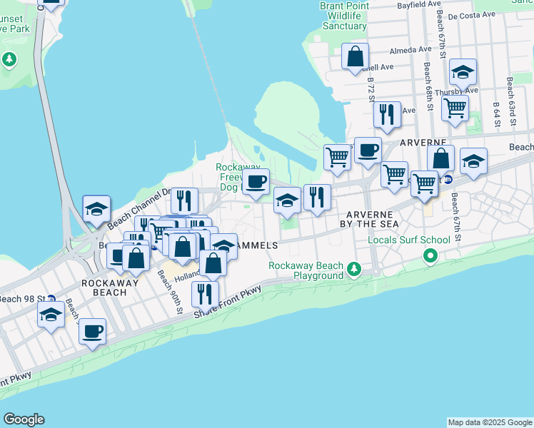 map of restaurants, bars, coffee shops, grocery stores, and more near 8105 Beach Channel Drive in Queens