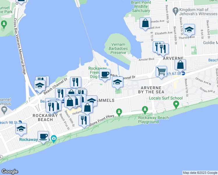 map of restaurants, bars, coffee shops, grocery stores, and more near 8105 Beach Channel Drive in Queens