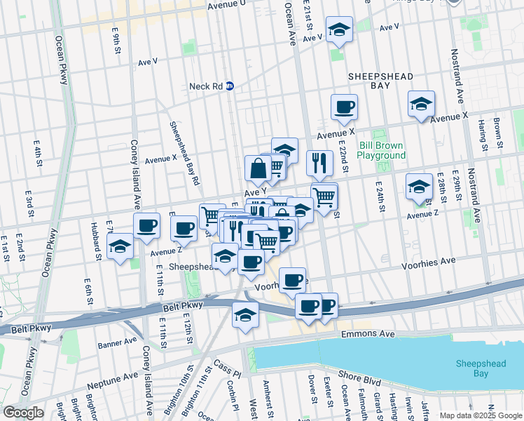 map of restaurants, bars, coffee shops, grocery stores, and more near 1602 Avenue Y in Brooklyn
