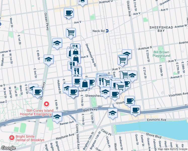 map of restaurants, bars, coffee shops, grocery stores, and more near 2470 Homecrest Avenue in Brooklyn
