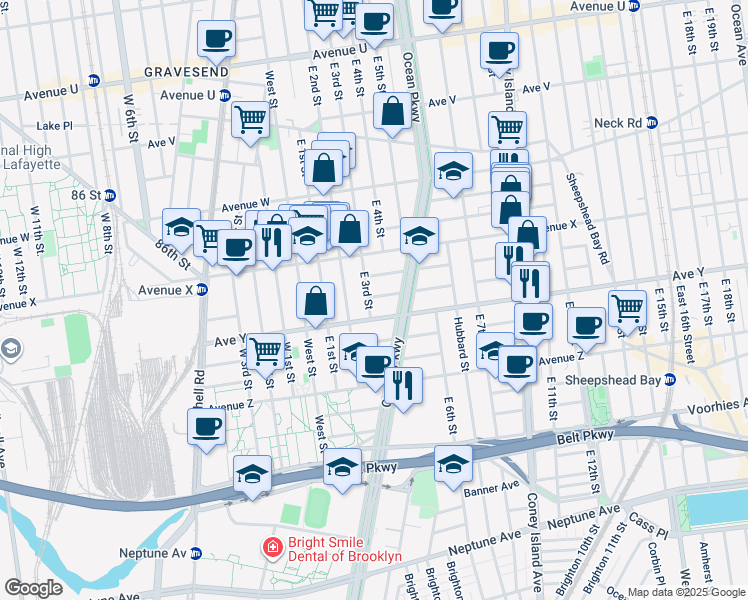 map of restaurants, bars, coffee shops, grocery stores, and more near 20 Ocean Court in Brooklyn