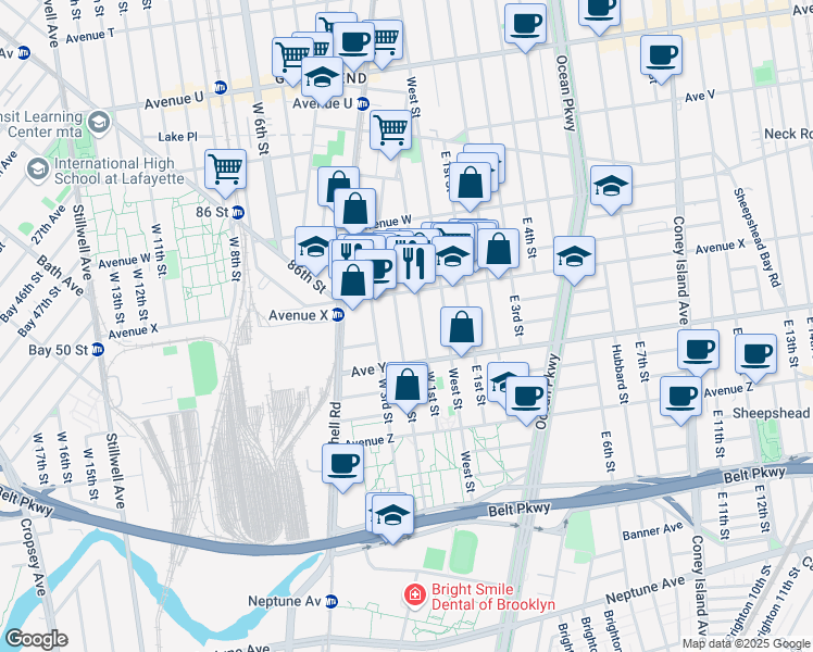 map of restaurants, bars, coffee shops, grocery stores, and more near 2415 West 1st Street in Brooklyn