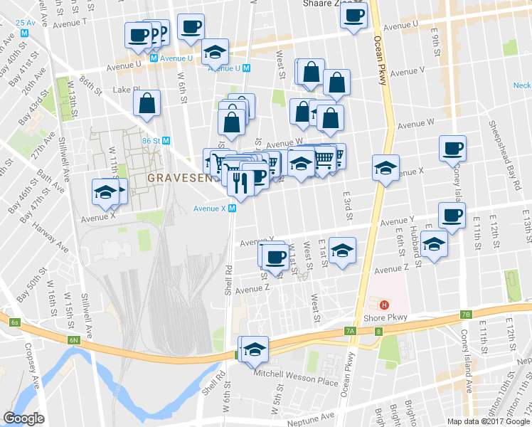 map of restaurants, bars, coffee shops, grocery stores, and more near 286 Avenue X in Brooklyn