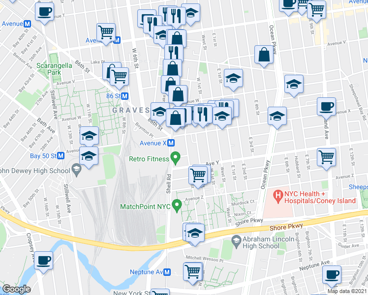 map of restaurants, bars, coffee shops, grocery stores, and more near 286 Avenue X in Brooklyn