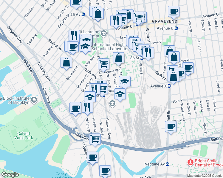 map of restaurants, bars, coffee shops, grocery stores, and more near 2351 West 13th Street in Brooklyn