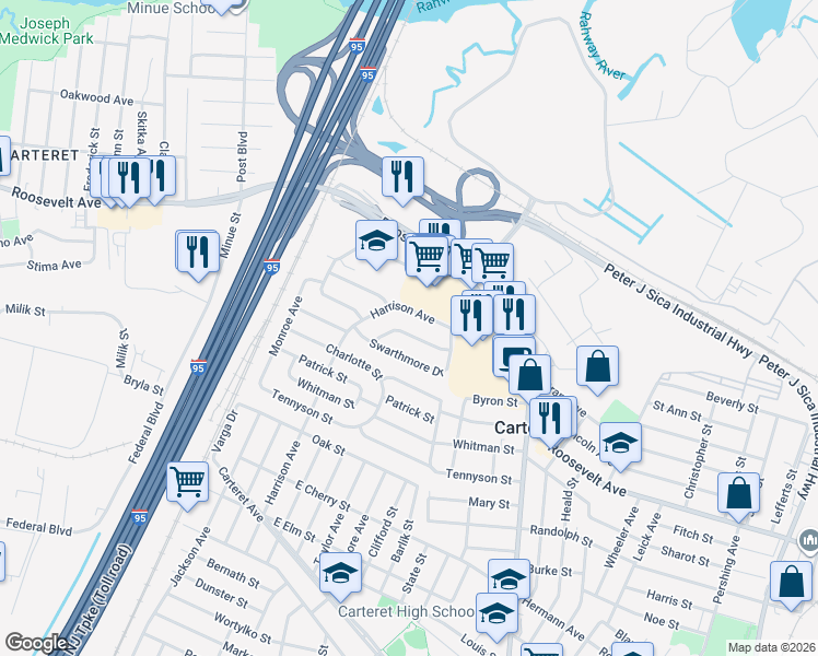 map of restaurants, bars, coffee shops, grocery stores, and more near 41 Harrison Avenue in Carteret