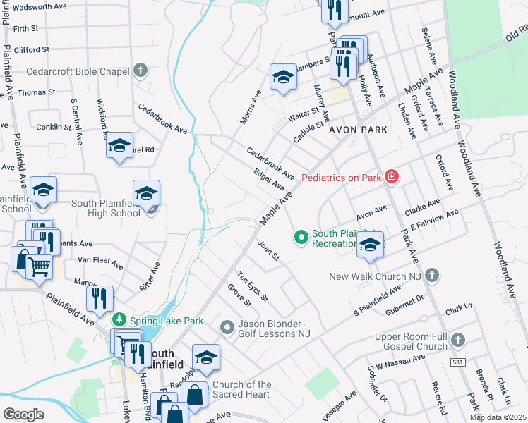 map of restaurants, bars, coffee shops, grocery stores, and more near 127 Daniel Street in South Plainfield
