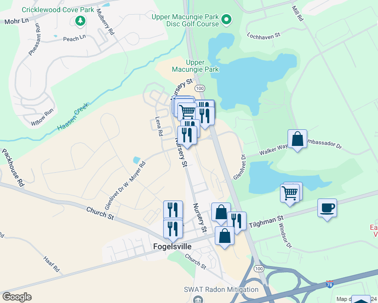 map of restaurants, bars, coffee shops, grocery stores, and more near 7801 Glenlivet Drive West in Fogelsville