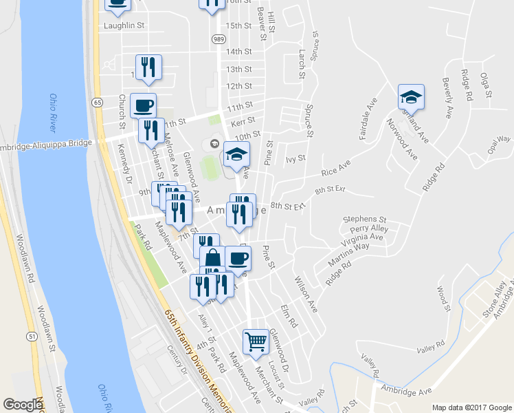 map of restaurants, bars, coffee shops, grocery stores, and more near 818 Duss Avenue in Ambridge
