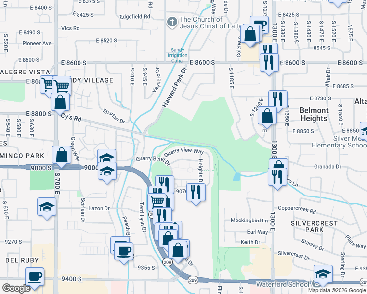 map of restaurants, bars, coffee shops, grocery stores, and more near 1057 Quarry View Way in Sandy