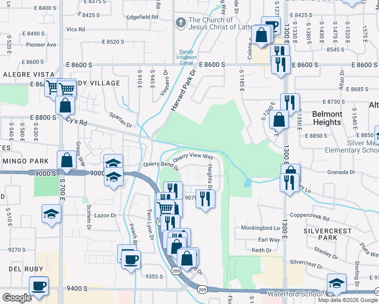 map of restaurants, bars, coffee shops, grocery stores, and more near 1057 Quarry View Way in Sandy