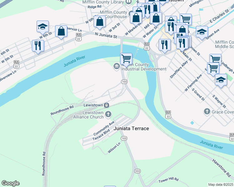 map of restaurants, bars, coffee shops, grocery stores, and more near 21 Henrietta Street in Lewistown
