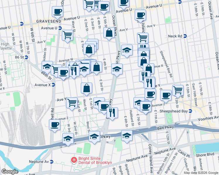 map of restaurants, bars, coffee shops, grocery stores, and more near 20 Ocean Court in Brooklyn