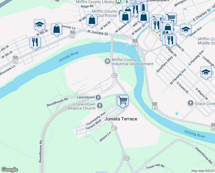 map of restaurants, bars, coffee shops, grocery stores, and more near 21 Henrietta Street in Lewistown