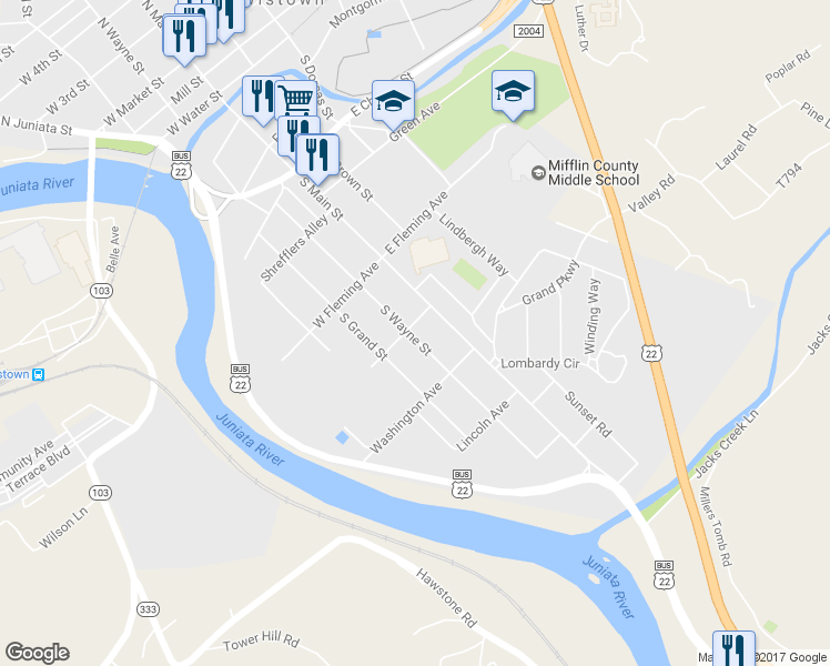 map of restaurants, bars, coffee shops, grocery stores, and more near 603 South Wayne Street in Lewistown