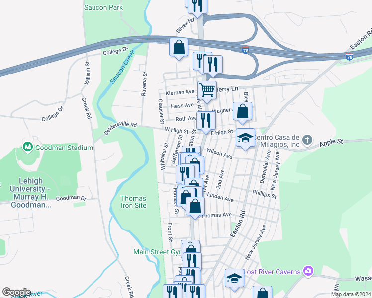 map of restaurants, bars, coffee shops, grocery stores, and more near 1382 Washington Street in Hellertown