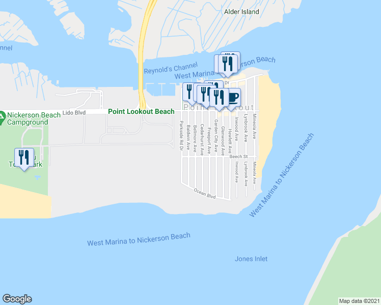 map of restaurants, bars, coffee shops, grocery stores, and more near 98 Baldwin Avenue in Point Lookout