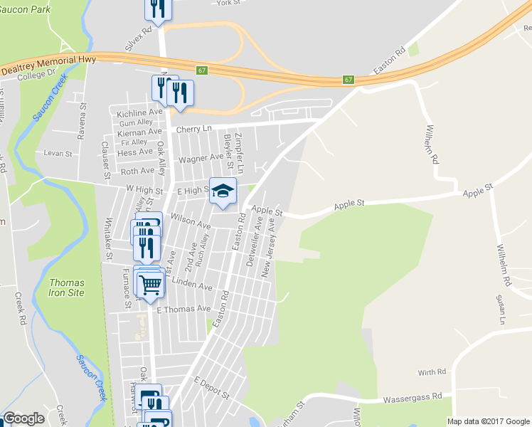 map of restaurants, bars, coffee shops, grocery stores, and more near 1435 Detweiler Avenue in Hellertown