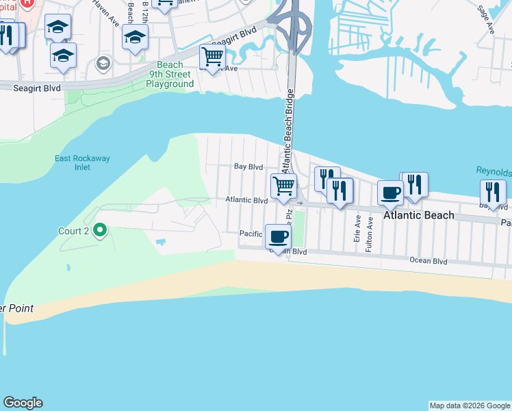 map of restaurants, bars, coffee shops, grocery stores, and more near 2114 Atlantic Boulevard in Atlantic Beach