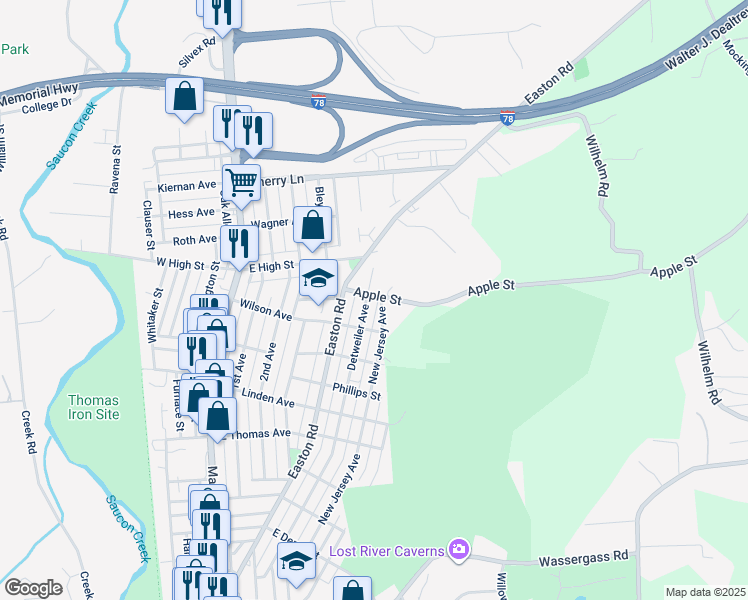 map of restaurants, bars, coffee shops, grocery stores, and more near 1435 Detweiler Avenue in Hellertown