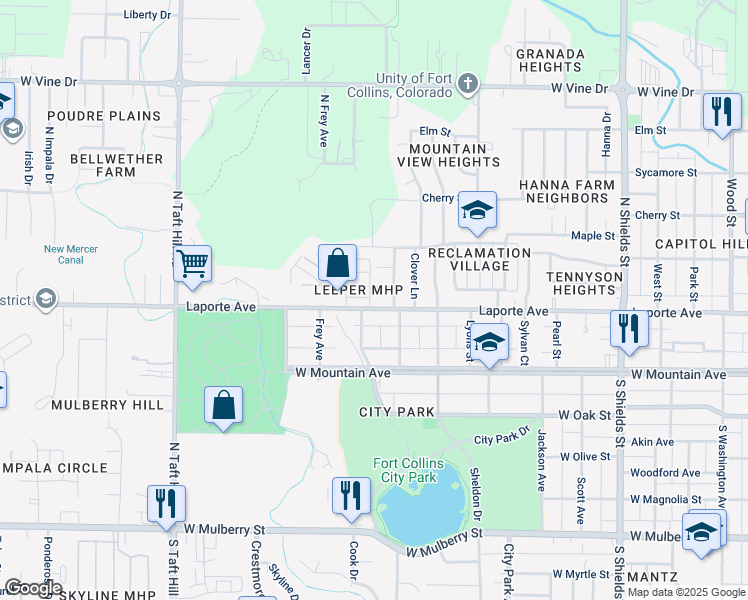 map of restaurants, bars, coffee shops, grocery stores, and more near 1608 Layland Court in Fort Collins