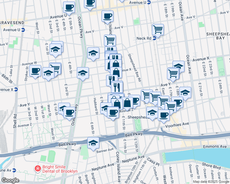 map of restaurants, bars, coffee shops, grocery stores, and more near Coney Island Avenue & Avenue Y in Brooklyn