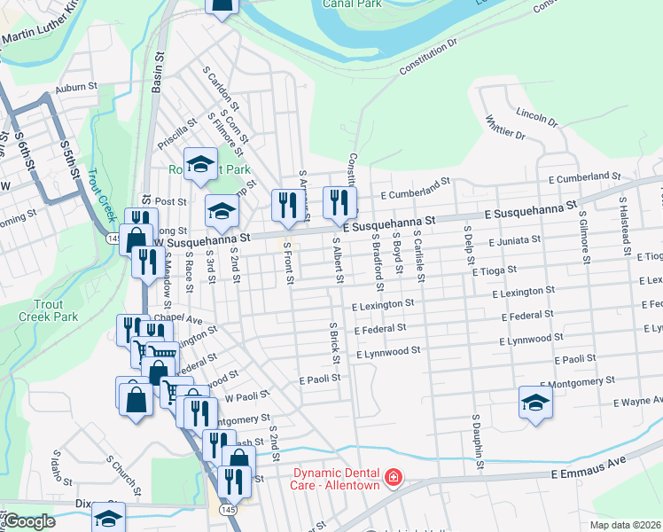 map of restaurants, bars, coffee shops, grocery stores, and more near 38 East Adams Street in Allentown