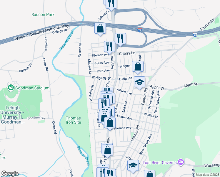 map of restaurants, bars, coffee shops, grocery stores, and more near 1384 Main Street in Hellertown