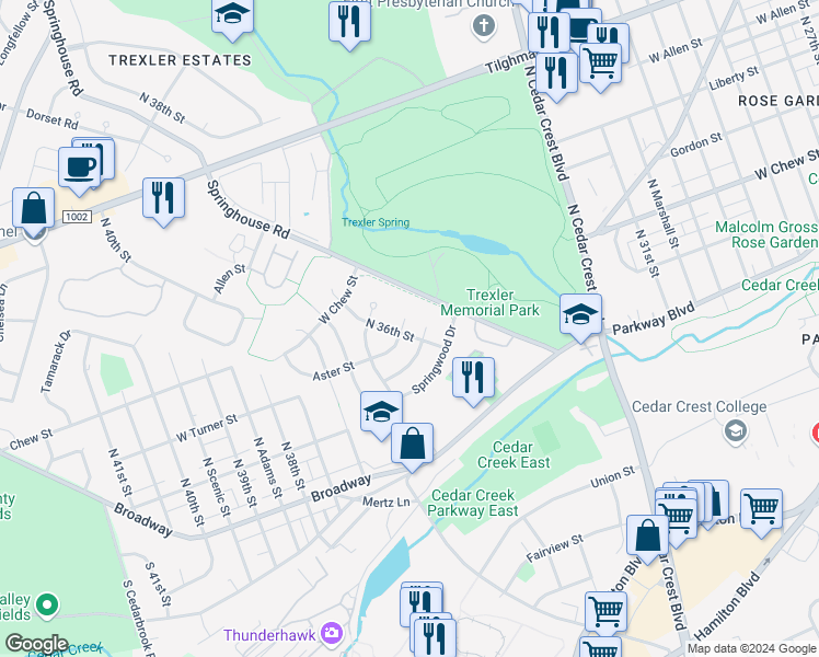 map of restaurants, bars, coffee shops, grocery stores, and more near 3554 Aster Court in Allentown