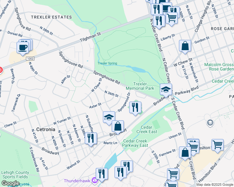 map of restaurants, bars, coffee shops, grocery stores, and more near 3554 Aster Court in Allentown