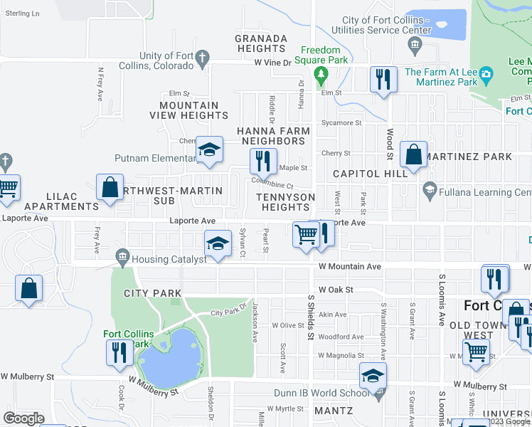map of restaurants, bars, coffee shops, grocery stores, and more near 1160 Laporte Avenue in Fort Collins