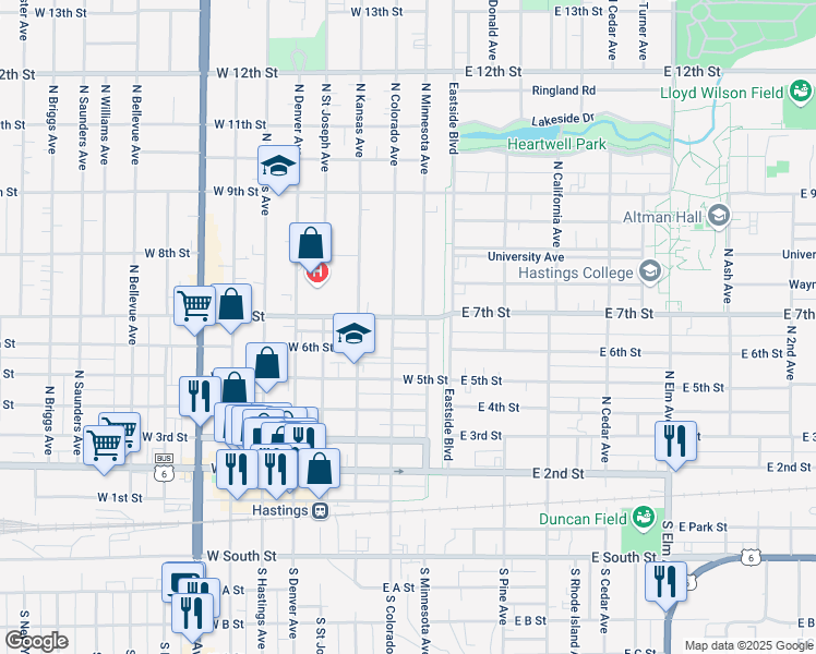 map of restaurants, bars, coffee shops, grocery stores, and more near 108 West 7th Street in Hastings