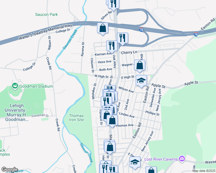 map of restaurants, bars, coffee shops, grocery stores, and more near 1382 Washington Street in Hellertown