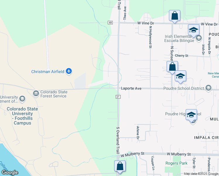 map of restaurants, bars, coffee shops, grocery stores, and more near 3121 Laporte Avenue in Fort Collins