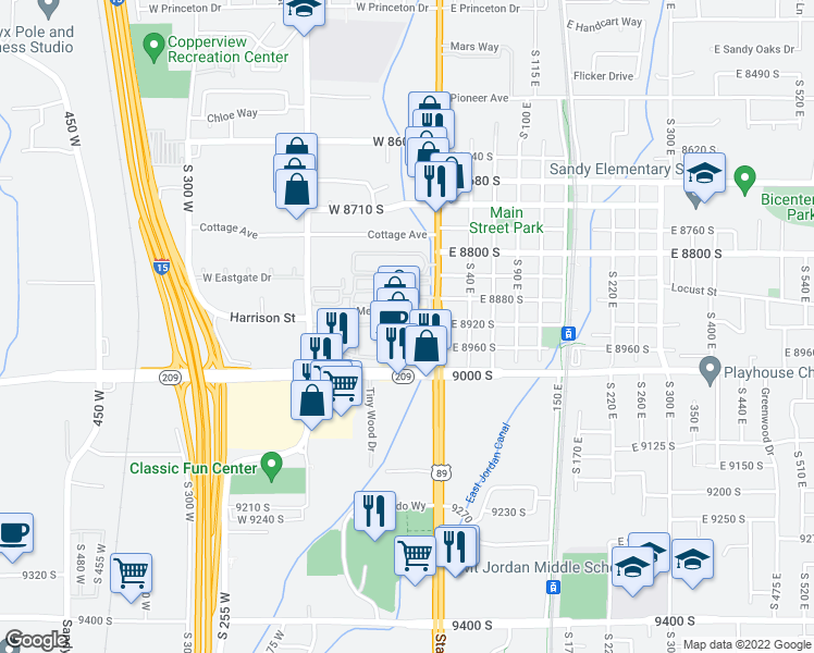 map of restaurants, bars, coffee shops, grocery stores, and more near 8916 State Street in Sandy