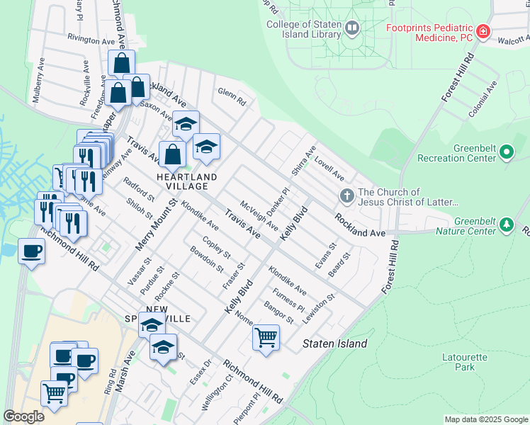map of restaurants, bars, coffee shops, grocery stores, and more near 63 Denker Place in Staten Island