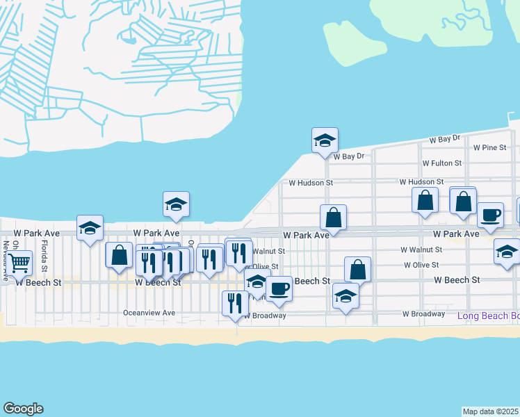 map of restaurants, bars, coffee shops, grocery stores, and more near 746 West Bay Drive in Long Beach