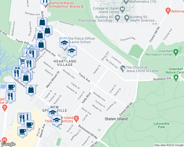 map of restaurants, bars, coffee shops, grocery stores, and more near 63 Denker Place in Staten Island