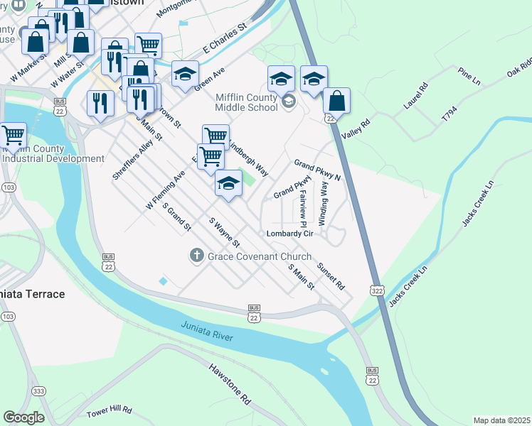 map of restaurants, bars, coffee shops, grocery stores, and more near 12 Grand Parkway North in Lewistown